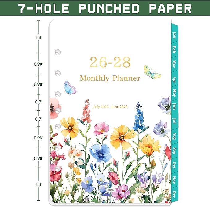 2026-2028 Monthly Planner Refill - 7-Hole Punched, A5 Planner Inserts, from Jul. 2026 - Jun. 2028, Planner Refills with 7-Hole Punched, 5-1/2" x 8-1/2", Two Pages Per Month,Monthly Tabs