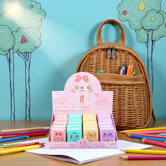 4pcs Multicolour Cute Dual Purpose Book Pencil Sharpener Eraser, Cute Cartoon Student Eraser Pencil Cute,Office and School Supplies