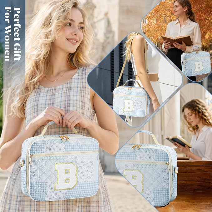Personalized Initial Bible Cover Case for Women, Large Quilted Bible Bag with Durable Handle, Stylish Church Bag Journaling Kit with Study Supplies Accessories, Christians Gifts for Women (Spliced-B)