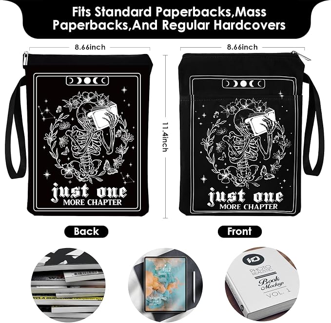 Gothic Skeleton Book Sleeve - Tarot Card Book Sleeves Office Just One More Chapter Skull Waterproof Book Covers with Zipper Pouch Front Pocket Romance Washable Gifts for Books Lover Reader