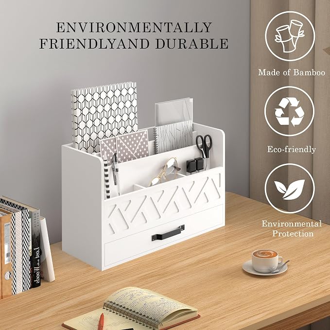 WISUCART Bamboo Mail Organizer Countertop Wood Desk Organizer Drawer Tabletop Storage Box Letter Sorter Makeup Organizer for School Home Office Supplies White