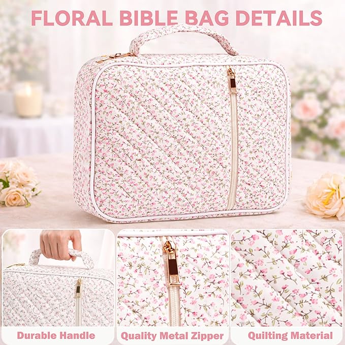 Bible Bag for Women, Bible Cover Case with Study Supplies,Large Quilted Bible Bag with Handle and Zipper, Suitable for Christian Books-Christian Gift for Girls(Small Floral Pattern)