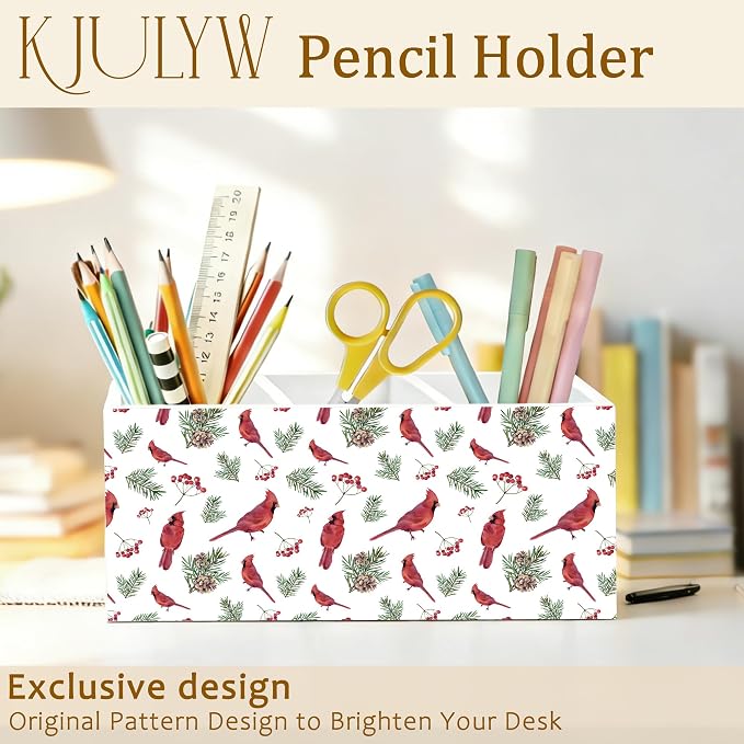 Red Cardinal Pen Holder for Desk, Cardinal Lover Gifts, Red Bird Holly Berry Wooden Box Pencil Pen Holder Organizer for Home Office Desk Accessories