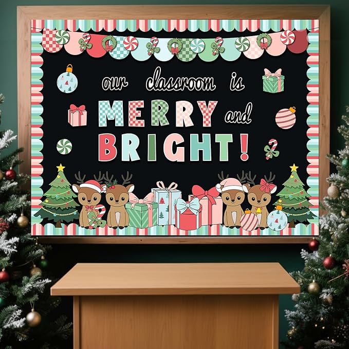 Christmas Bulletin Board Set Our Classroom is Merry and Bright Decor Boho Candy Banner Gift Boxes Xmas Trees Deer Cutouts for School Office Door Wall Decor Holiday Display
