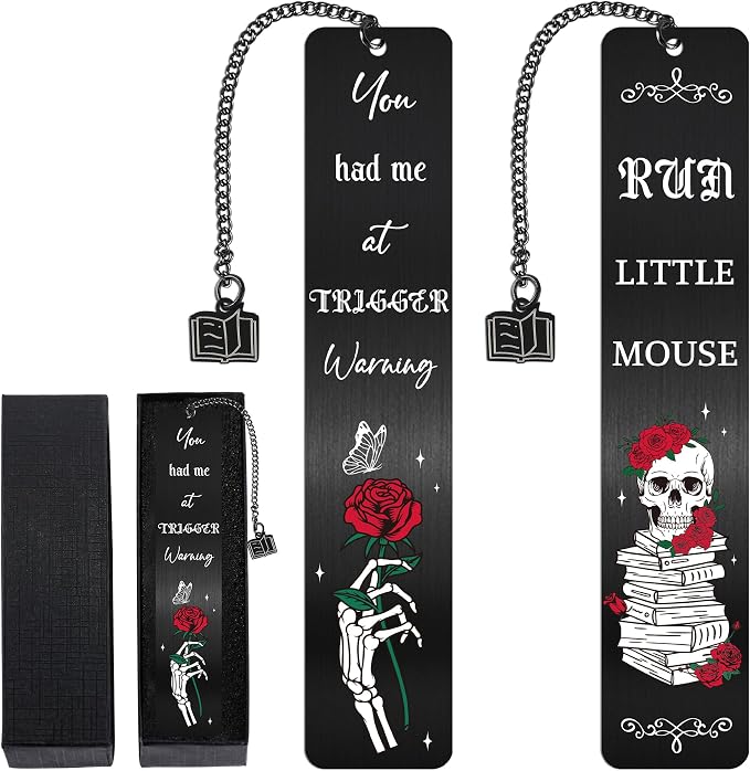 Dark Romance Metal Bookmarks for Women, 2 Pcs Gothic Skull Rose Book Mark with Chain Pendant, Vintage Aesthetic Book Marker Clips for Readers Book Lovers Gifts Dark Romance Merch Christmas Stuffer
