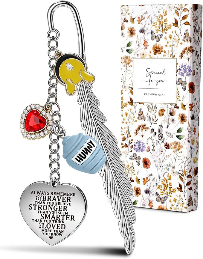 Buleens Bookmarks for Women Reading - Book Marks for Readers Book Lovers, Feather Motivational Quote Bear Personalized Metal Bookmark with Pendants, Pretty and Aesthetic Book Accessories Reading Gifts