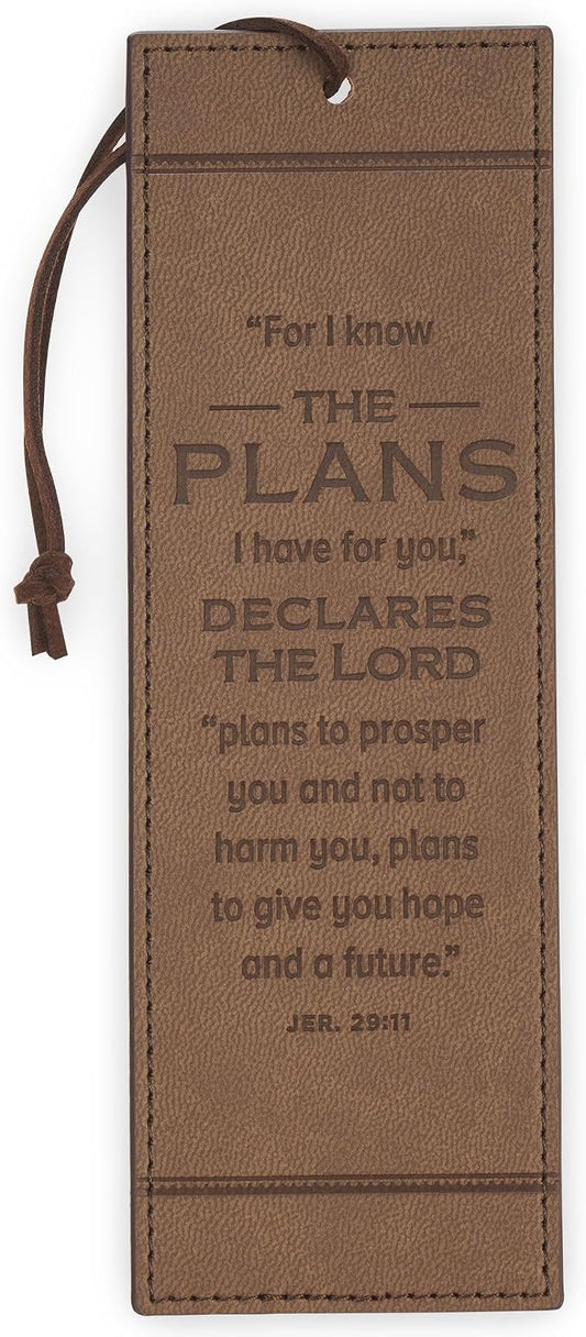 Christian Art Gifts Premium Vegan Leather Encouraging Scripture Bookmark for Men & Women: I Know the Plans Inspirational Bible Verse, Durable Cord, Heat-Debossed Classic Book Reading Accessory, Brown