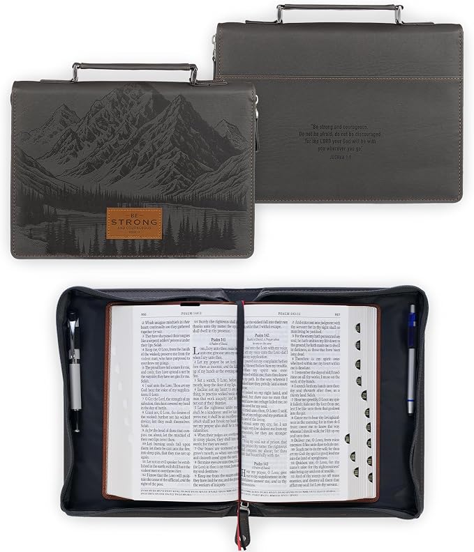 Christian Art Gifts Premium Classic Vegan Leather Bible Cover for Men & Women: Strong and Courageous Inspirational Bible Verse, Protective Book Carry Case, Gray, Medium