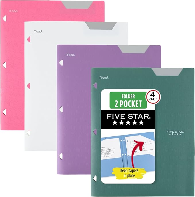 Five Star 2-Pocket Plastic Folder with Stay-Put Tabs, Fits 3-Ring Binder, Holds 8.5" x 11" Paper, Assorted Colors, 4 Pack (333420B)