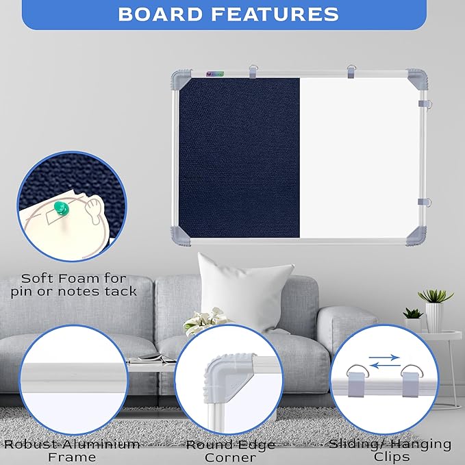 Combination Board 1.5x2 Feet (Magnetic White Board with Blue Pin-up Notice Board) with Push Pins for Home, Office & School, Heavy-Duty Aluminium Frame (White, Blue) (41x59 cm)