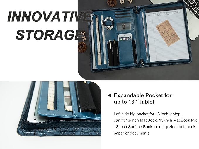 Free Engraved Name, Personalized Portfolio, PU Leather Resume Zippered Padfolio, Business Document Organizer Folder with A4 Notepad Holder, Custom Printing Gift for Woman/Men, Customized(Dark Blue)