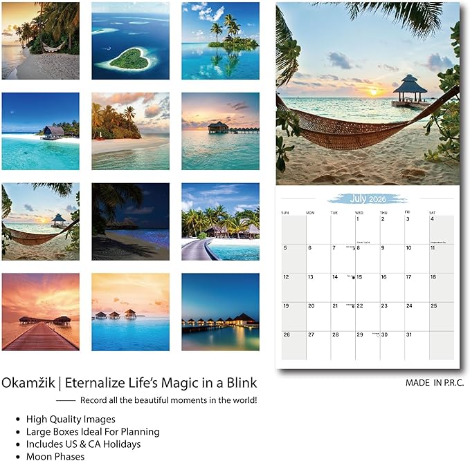 Wall Calendar 2026 Planner Calendar - Maldives Hangable Monthly Wall Calendar with Large Blocks for Organizing & Planning, Academic Schedule, Home, Office & family, Thick & Sturdy Paper (12"x24" Open)
