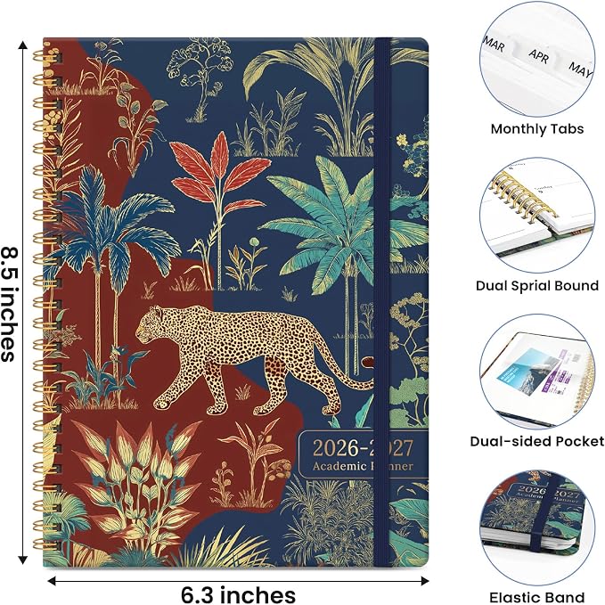 Planner 2026-2027, Monthly and Weekly Calendar Academic Planner July 2026 - June 2027, Hardcover Student Teacher Planning Agenda Book with Tabs, Perfect for Office School Supplies, A5 (6.3" x 8.5") - Jungle Elegance