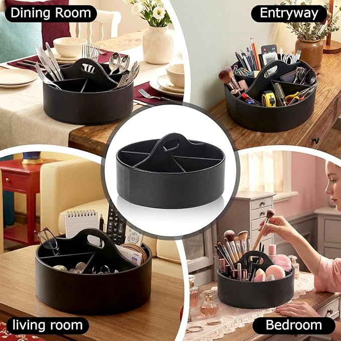 360° Rotating Leather Desk Storage Organizer with 6 Slots and Handle Extra-large Pen Holder Spinning Pencil Storage Lazy Susan Organizer Office Desk Supplies Marker, Art Supply(Black)