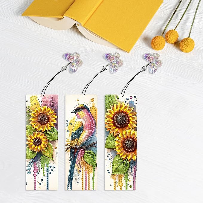 ARTopet 3Pcs DIY Diamond Art Painting Bookmarks with Colorful Butterfly Pendant PET Bookmark Ornament Double Sided Pattern Single Sided Diamond Book Marker Clip Gifts Tags-Sunflower Bird