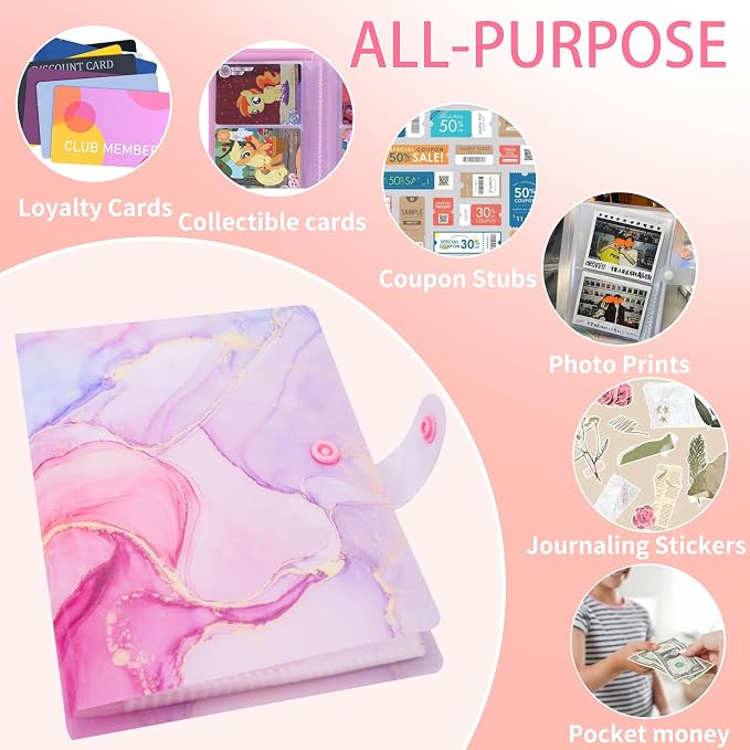 Receipt Organizer Picture Album Binder Holding Coupons Business Cards with 104 Pockets, Potable Accordion Binder 6.7x4.8inches for Storage Details Organizer - Marble Pink