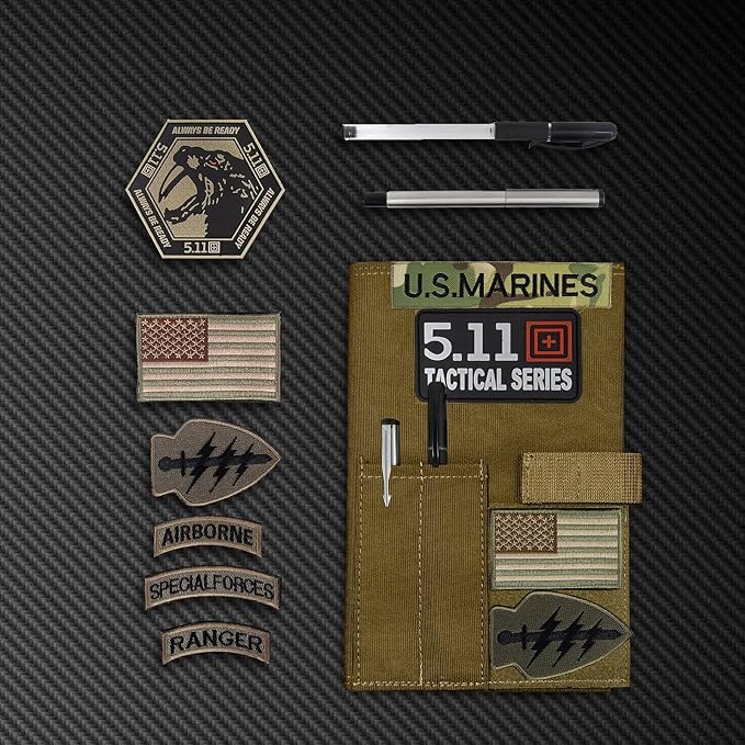 OCP Military Book Cover, Tactical Notebook Cover for 5.5”X 7.5” Journal Notebook Cover, OCP Green Book Cover, Field Notes Ring Binder, Folder Planners, Legal Pads with Pen Holder (Brown)