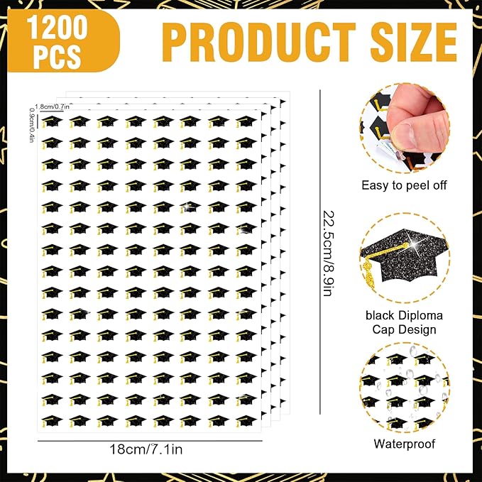 Whaline 1200Pcs Graduation Cap Mini Stickers Holographic Self Adhesive Stickers Black Diploma Cap Sparkly Label Decals for Congrats Grad Craft Scrapbook Envelope Reward, 10 Sheets