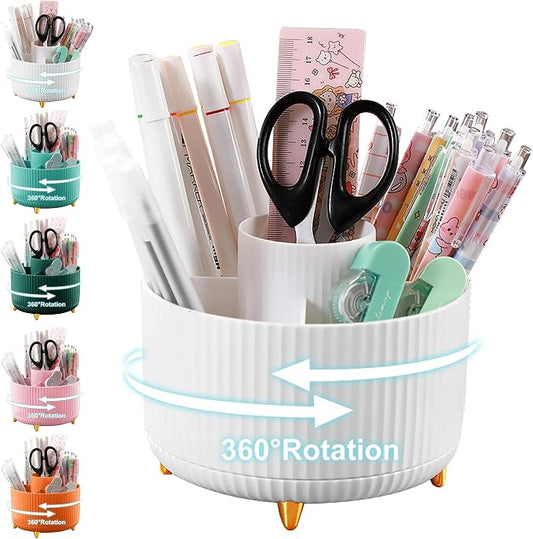 Cayxenful Pencil Holder For Desk,5 Slots 360°Degree Rotating Desk Organizers And Accessories,Desktop Storage Stationery Supplies Organizer, Cute Pencil Cup Pot For Office, School, Home (B-White)