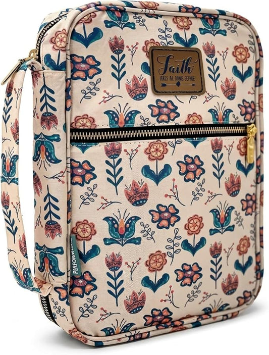 Performore Bible Cover Case for Women and Girls, Large Floral Church Bag with Handle and Pockets, Water-Resistant Zippered Carrying Case, Fits Study Bibles 10.2 x 7.5 x 2.7 In, Christian Gifts