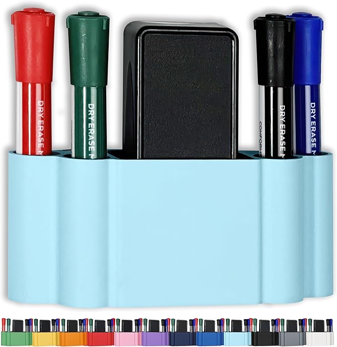 Glassboard Studio Magnetic Dry Erase Marker Holder - Super Strong for Magnetic Glass Whiteboard or Fridge - 2 Large Neodymium Magnets - No Slip Grip - Eco-Friendly PLA Plastic (Ice Blue, KIT)