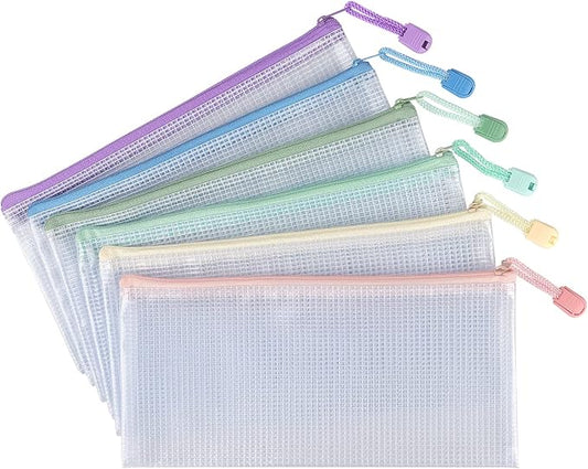 Tamaki 6 Pack Mesh Pencil Pouch Waterproof Bags Plastic Zipper Pouch A6 Size for Classroom Organization School Office Supplies (Macaroon, A6)
