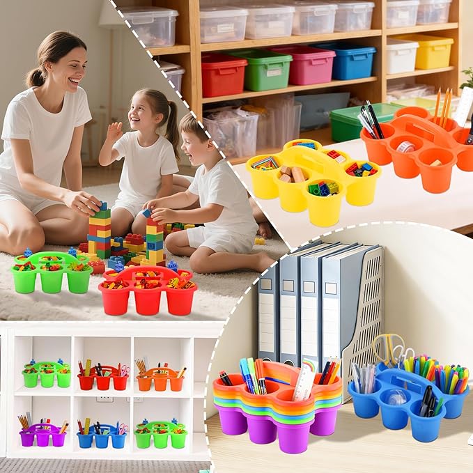 VZZNN 12 Pack Stackable Classroom Caddy Storage Basket with Handle - Fashion Classroom Storage Bins (Rainbow Colors) for Supplies Keep Desks and Work Stations Organized
