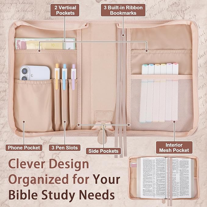 Classic Leather Bible Cover Case with Cross Design and Handle & Shoulder Strap for Women, Durable Bible Study Supplies Organizer Carrying Bag, Christmas Gifts for Christians with Gift Box（Pink