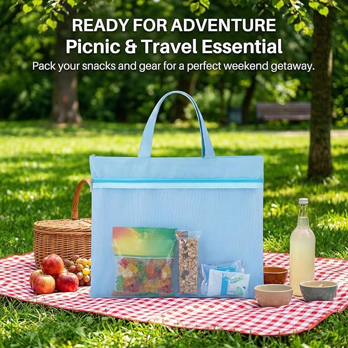 Mesh Zipper Pouch with Handle - 11 x 13.7 Inch Reusable Double Pocket Zipper Pouch, Foldable Nylon File Bag, Large Capacity Lightweight Document Storage for Puzzles Books Office Travel Shopping, Blue