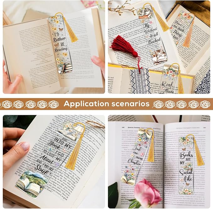 UV DTF Bookmark Wraps - 24 Sheets Vintage Reading Books UVDTF Decals for Acrylic Bookmark Blanks, Flower Cat Double-Sided Printing Rub on Transfer Stickers for Book Lover DIY Crafts Gift