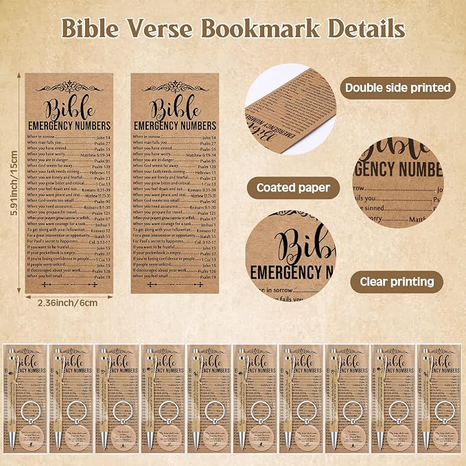 Feifeiya 25 Sets Father's Day Christian Gifts Bulk for Men Bible Verse Pens Keychains Emergency Number Bookmarks Religious Gift Party Favors for Father Pastor Church Baptism Sunday School(Wood Color)