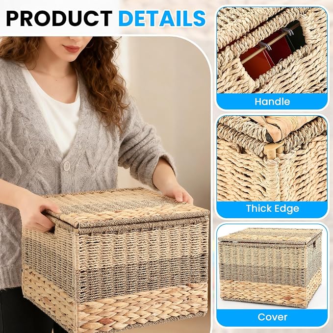 2pcs Large Decorative File Box 14 x 12 x 11 in Seagrass Hanging Organizer for Letter & Legal Size File Basket Hand Woven Filing Cabinet with Lid Collapsible Box for Home Office Decor, Water Hyacinth