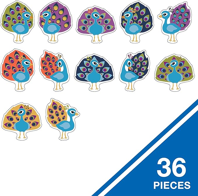 Carson Dellosa 36-Piece Peacock Bulletin Board Decorations, Boho Bird Cutouts for Zoo Animals and Jungle Theme Decorations, Name Tags, Party and Classroom Decor