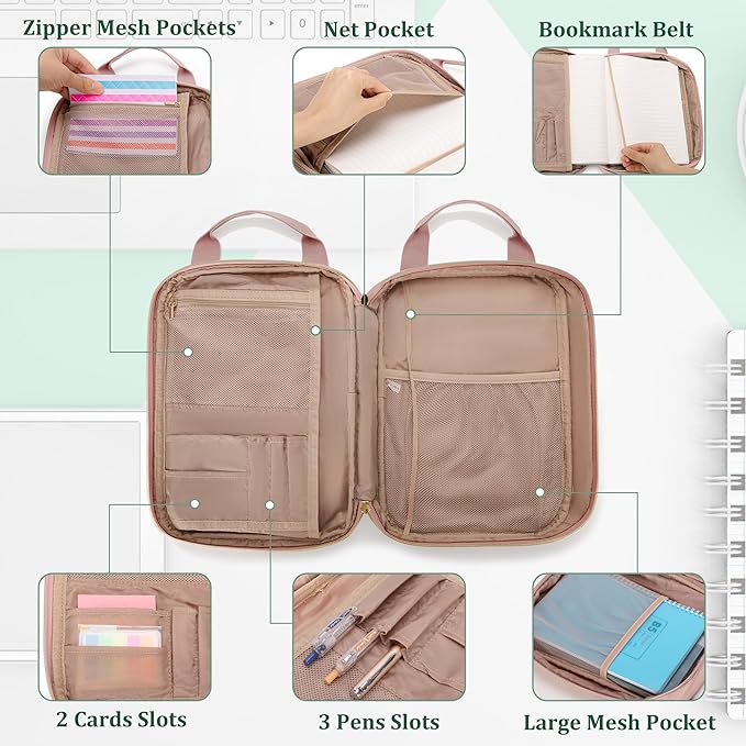 Teamoy Journal Supplies Storage Case, Journal Supplies Holder with Pen Slots, Travel Organizer Holder for B5 Notebooks, Planner, Pens, Journal Supplies and Accessories, Pink Quilted