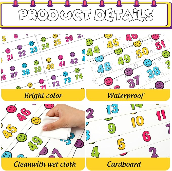 Whaline 32Pcs Retro Number Line Bulletin Board Rainbow Color Smile Face Number Line Boarder Strips Math Borders for Home Classroom Wall Decor