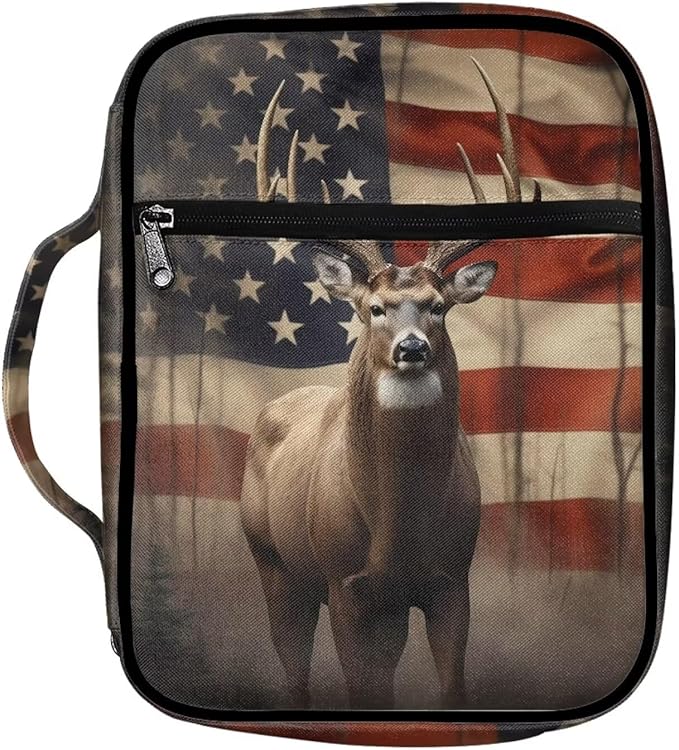 Suobstales American Flag Deer Print Bible Covers - Lightweight Bible Bag with Handle and Zippered Pocket