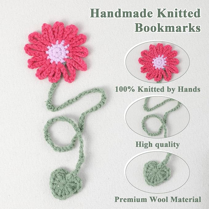 6 Pcs Crochet Bookmarks Daisy Sunflower Flower Bookmark Personalized Bookmark Cute Bookmarks for Reading Women Book Lovers and Teachers (Dark Green Stems)