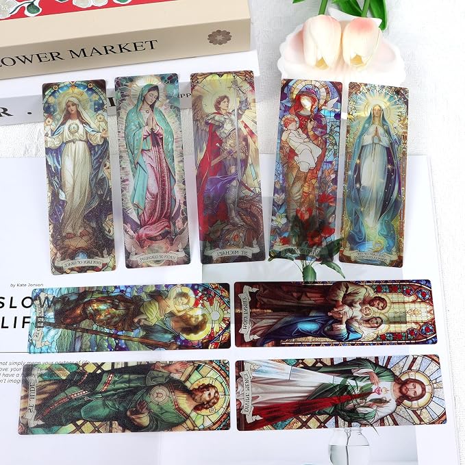 Stained Glass Catholic Bookmark Gifts - Wxiben 20 Pcs Christian Religious Transparent PVC Bookmark Catholic Saints Jesus Book Mark Page Clips for Women Men Book Lovers Church Sunday School Gifts