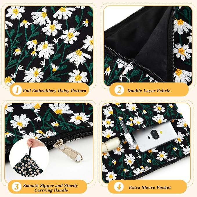 12''x9'' Daisy Embroidered Book Sleeve with Cotton Lining with Handle and Zipper Book Protector for Paperback and Hardcover, Christmas Ideal Gift Book Sleeve Pouch for Book Lovers(Black)
