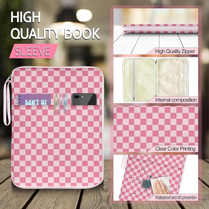 Book Pouch, Book Sleeve with Strape Zipper and Extra Sleeve Pocket Paperback Hardcover Protector, PU Leather Waterproof for Girls, Teacher, Students-Pink Checkered