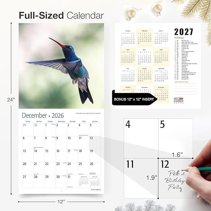 RED EMBER Select - Hummingbirds 2026 Wall Calendar 12 Month | 12" x 24" Open | Thick & Sturdy Paper | Giftable | Bird Calendar 2026