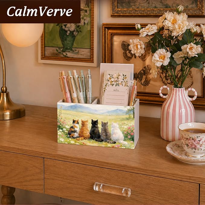 Funny Cat Pen Pencil Holder for Desk, Cat Mom Lady Lover Gifts for Women, Rustic Cottagecore Wildflower Cats Pencil Holders Wooden Box Organizer for Home Office Bedroom Desk Tabletop