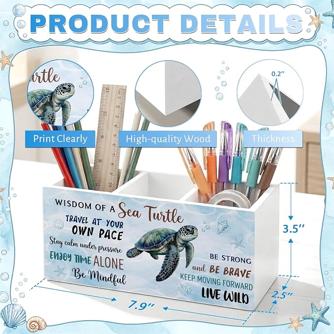 Sea Turtle Pen Pencil Holder for Office Desk Coastal Turtle Office Decor Wooden Ocean Inspirational Organizer Desktop Decor Summer Makeup Brush Toothbrush Holder Gift for Bathroom Desk Accessories