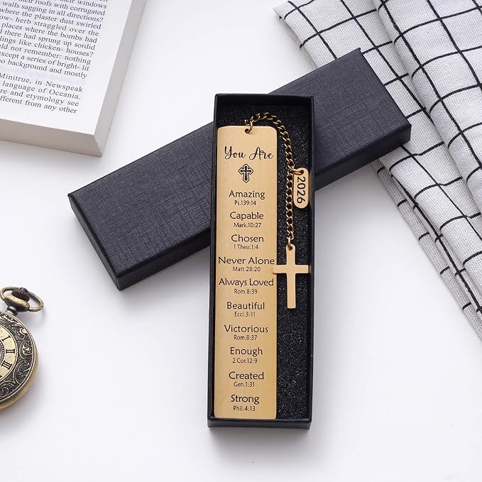2026 Religious Bible Verses Bookmark with Cross Charm, Faith-Based Gift for Readers, Stainless Steel Christian Affirmation Book Mark, Bible Confirmation Accessories for Him Her, Gold