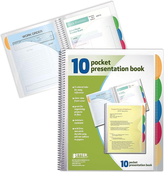 Better Office Products 10 Pocket Poly Presentation Folder with tabs, 2 Count