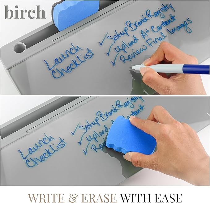 Birch Small Desktop Whiteboard – Glass Dry Erase Board Desk Pad Keyboard Stand with Storage Compartment, Adjustable Dividers, 3 Markers, Eraser & Holder – Perfect for Office, Home, & School (Charcoal)