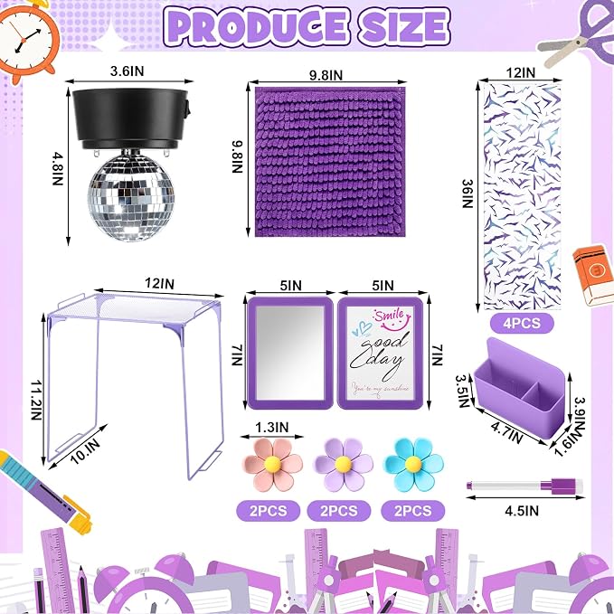 Pinkunn 17 Pcs Kpop Locker Accessories Include Kpop Locker Organizer Shelf Purple Rug Disco Ball Magnetic Mirror Whiteboard Pen Holder Flower Magnets Marker for Back to School Essentials