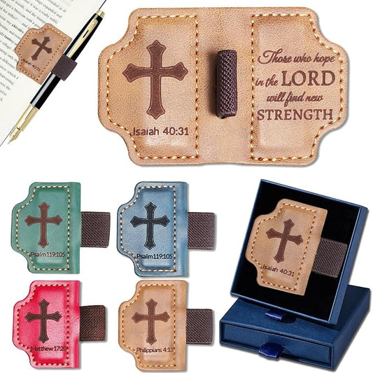 Bygone Mark Personalized Magnetic Leather Bookmark with Pen Holder,Inspirational Bible Verse Religious Bookmarks,Christian Book Lovers Reading Accessory for Men Women (Brown, lsaiah 40:31)
