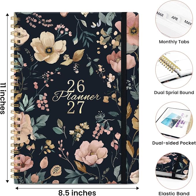 Planner 2026–2027, Academic Planner Weekly and Monthly Calendar Jul 2026 – Jun 2027 Hardcover Planner with Tabs and Pocket, Spiral Bound Agenda Book for Student & Teacher, 8.5" x 11", Evening Petals