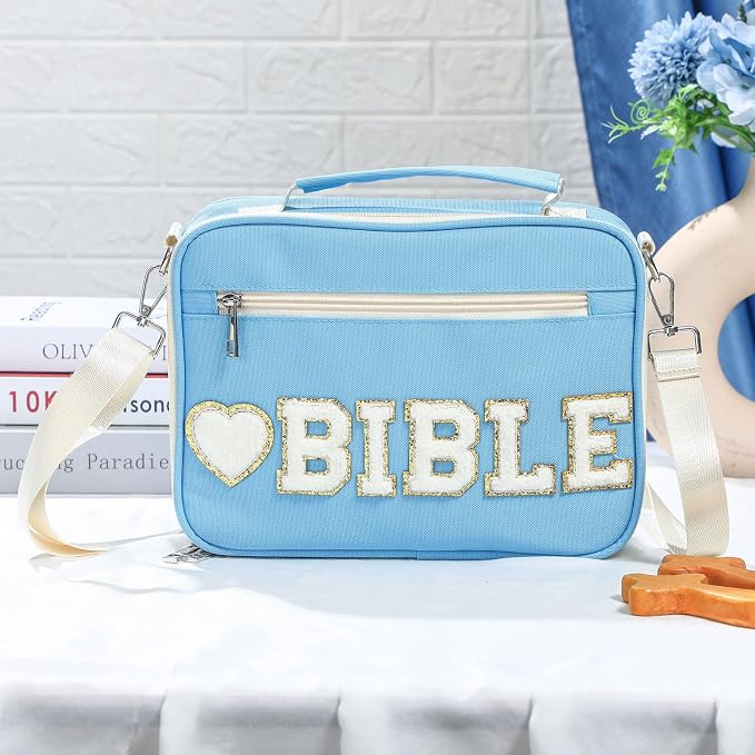 Silkfly Blue Bible Cover Case Preppy Large Chenille Letter Church Bag with Shoulder Strap Handle Back to School Gifts Waterproof Christian Tote Bag for Women Teacher Bible Accessories